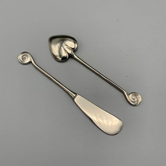 Two VTG Pewter Zig Zag Ornament Shaped Dip Bowls w/Heart Spoon & Knife Spreader - Picture 4 of 9